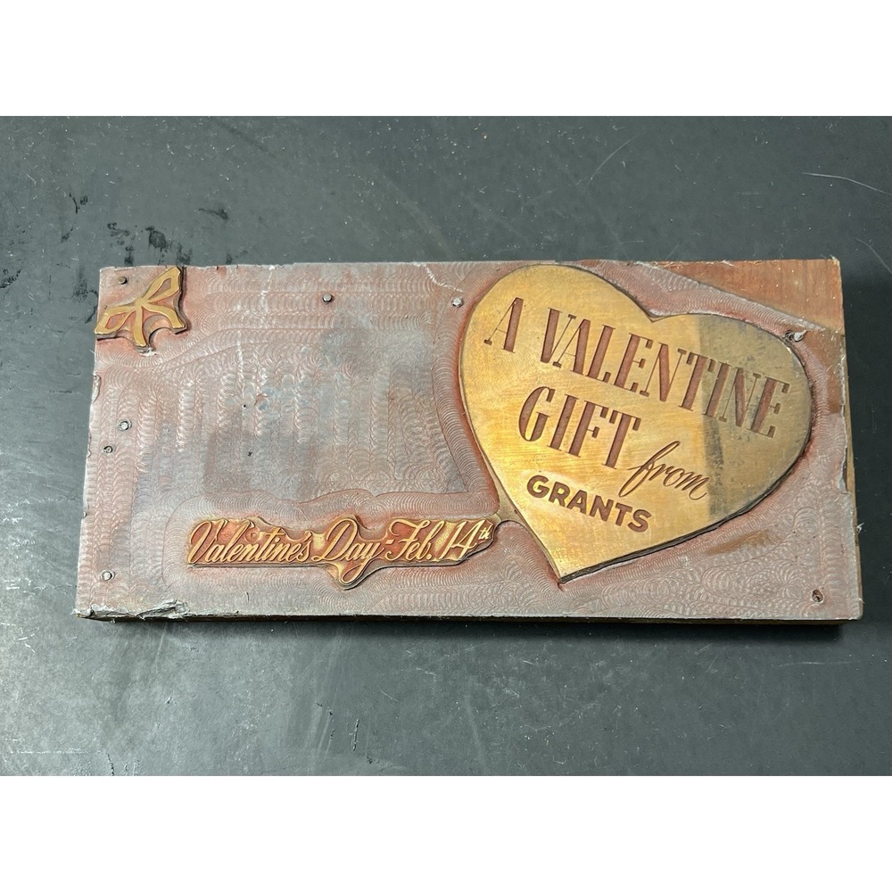 Antique Letterpress Copper Wood Printing Block Valentines Day Grants Bow Feb 14